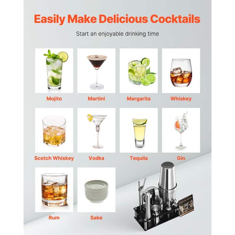 Stainless Steel Bartender Kit 14-Piece with Acrylic Stand & Shaker - 8.27 x 4.33 x 11.22 in