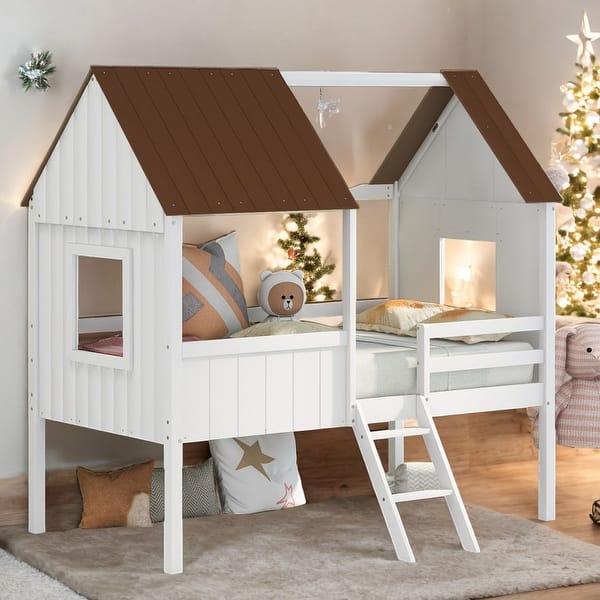 slide 2 of 56, Twin Size Low Wood House Loft Bed With Two Side Windows for Home White+Brown
