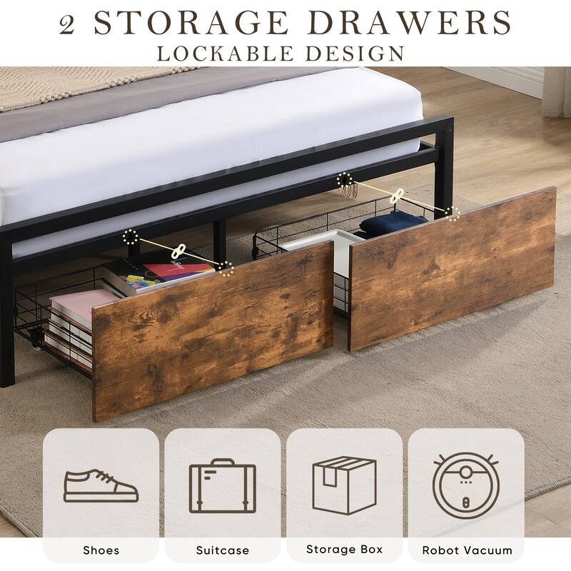 No Noise Metal Platform Bed Frame with 2Drawers & Charging Station