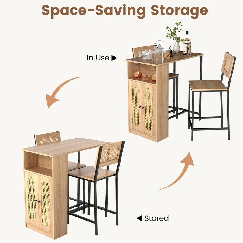 Gymax 3 PCS Bar Table and Chairs Set w/ 2 Bar Stools & Storage Shelves
