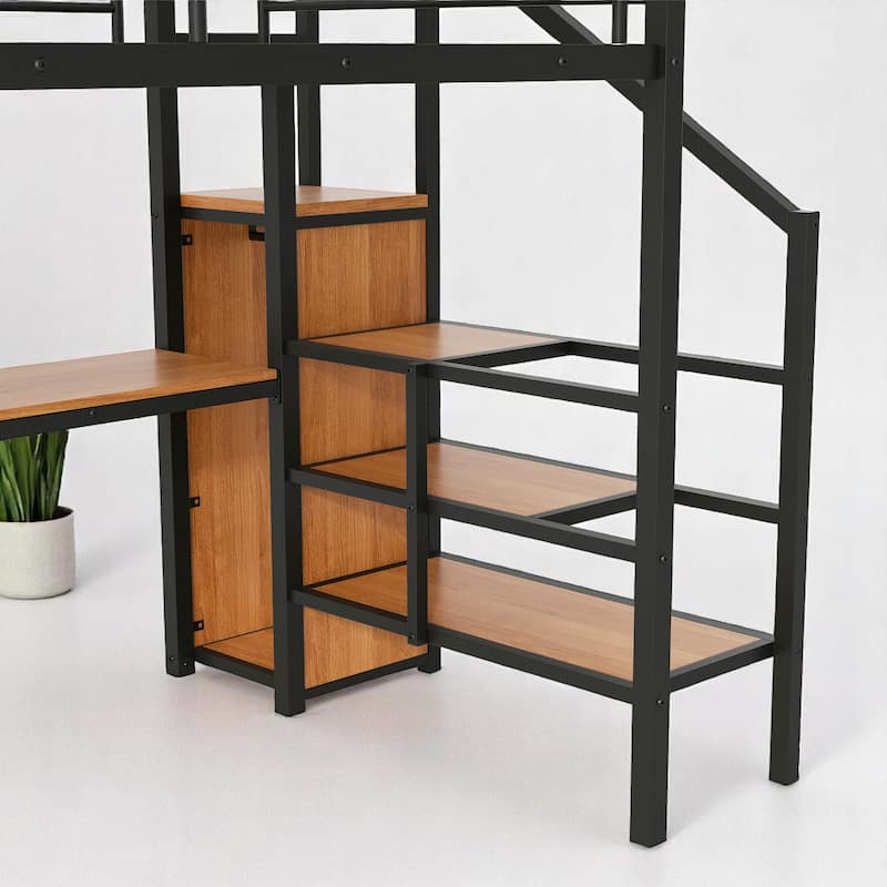 Full Metal Loft Bed with Built-in Desk, Stair Storage, Clothes Rack Wardrobe & Color LED Lighting
