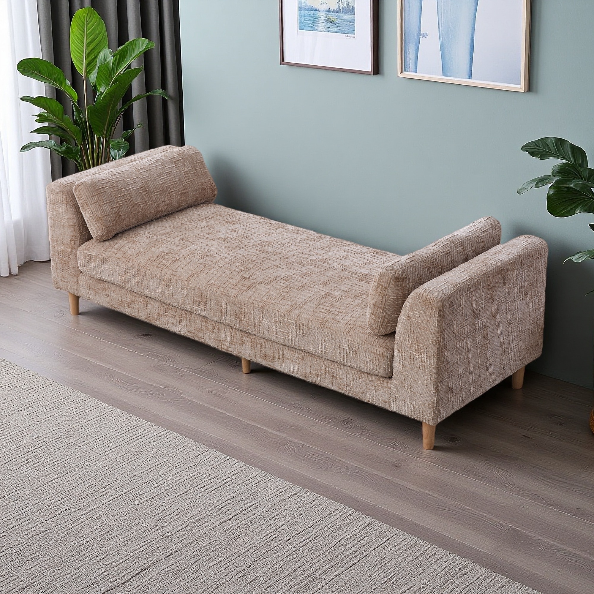 83"L Wide Chenille Upholstered Chaise Lounge, Armrests, 2 Bolster Pillows