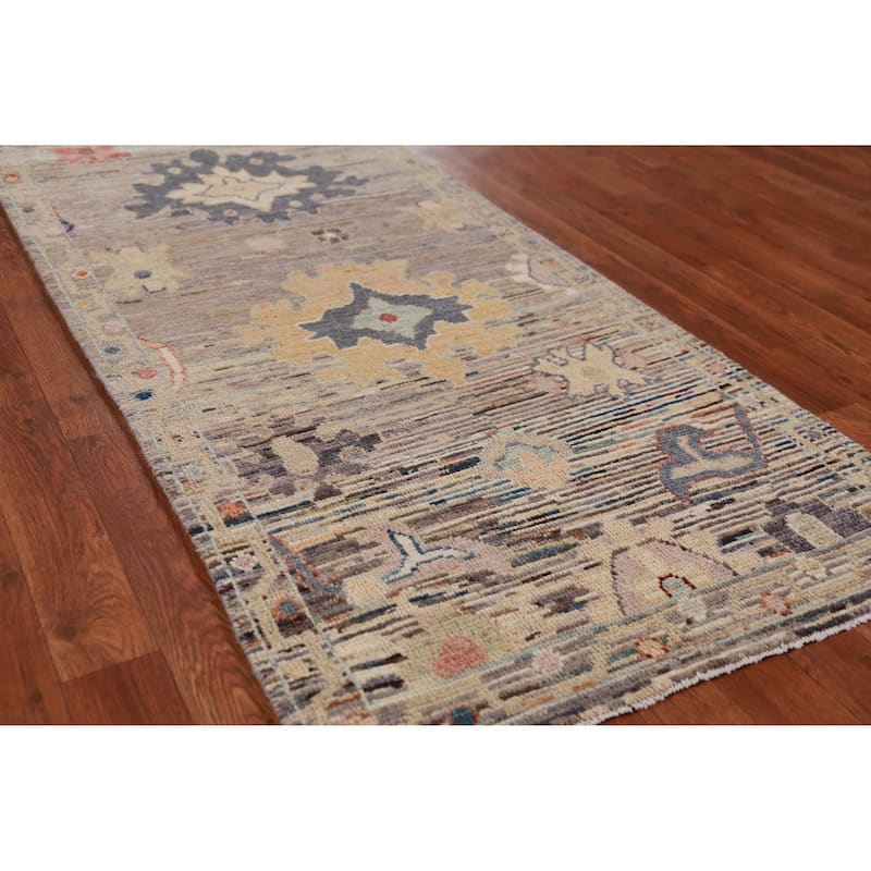 Hand Knotted Oriental 100% Wool Carpet Transitional Floral Multi-Colored Oushak Runner Rug - 9' 10'' X 2' 6''