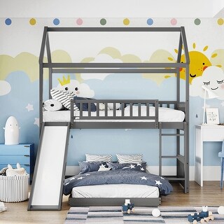 Twin Over Twin Size Wood House Bunk Bed with Slide, Ladder and Guard ...