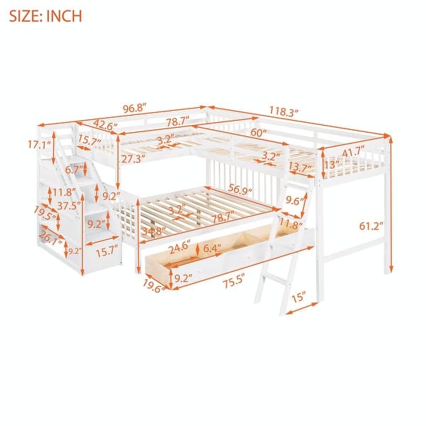 dimension image slide 2 of 3, Twin over Full L-Shaped Bunk Bed with Ladder, Staircase, and 3 Drawers