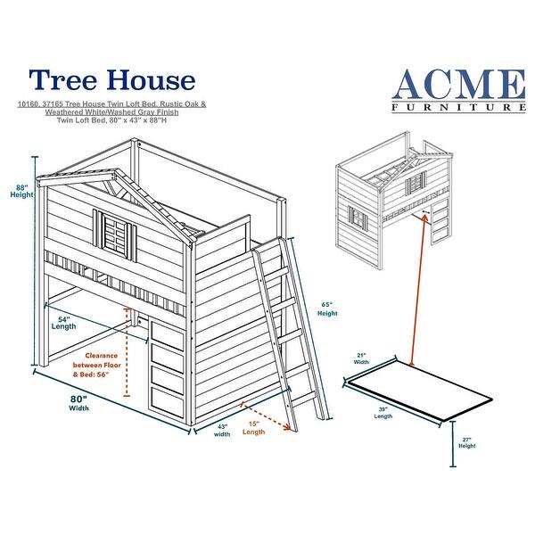 Tree House Loft Bed (Twin Size) in Weathered White & Washed Gray - Bed ...