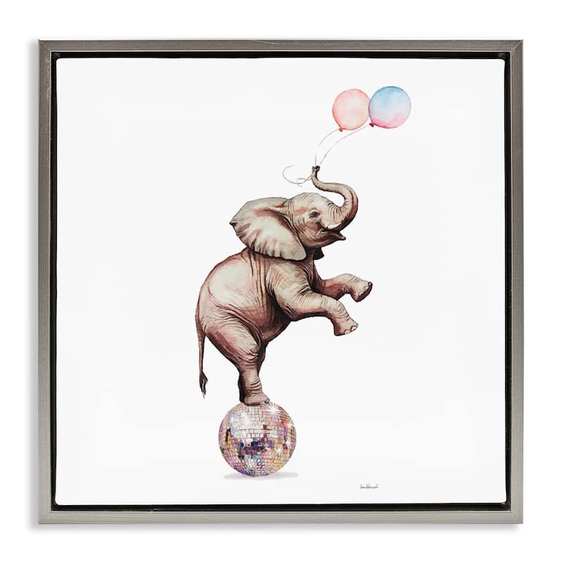 Stupell Elephant & Balloons Disco Framed Floater Canvas Wall Art Design By Amanda Greenwood - 18 x 18 - Grey
