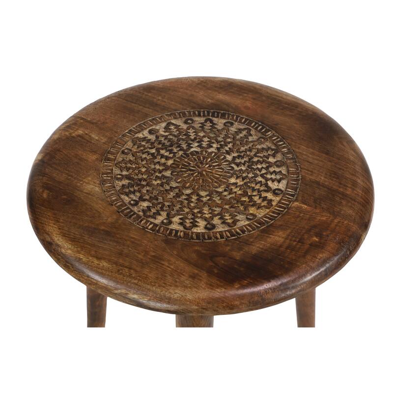 Mango Wood Handmade Intricately Carved Floral Accent Table with Tripod Legs - Dark Brown, White, Brown