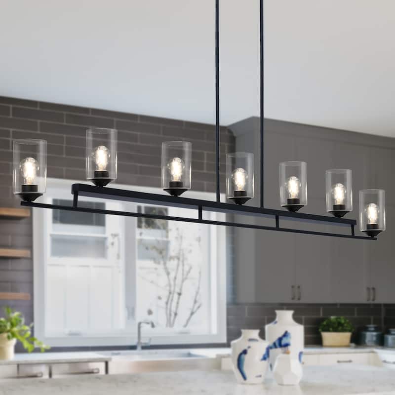 Modern Farmhouse 7-Light Chandelier 53 IN Black Island Light for Kitchen Island - 53.1" W x 3.9" D x 10.4" H