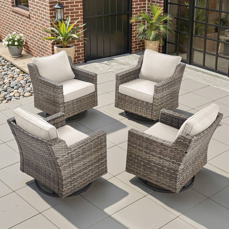Glissia 2-Piece Gray Wicker Outdoor Swivel Glider Chairs with 4-Inch Thick Cushions - Beige Cushions - 4-Piece