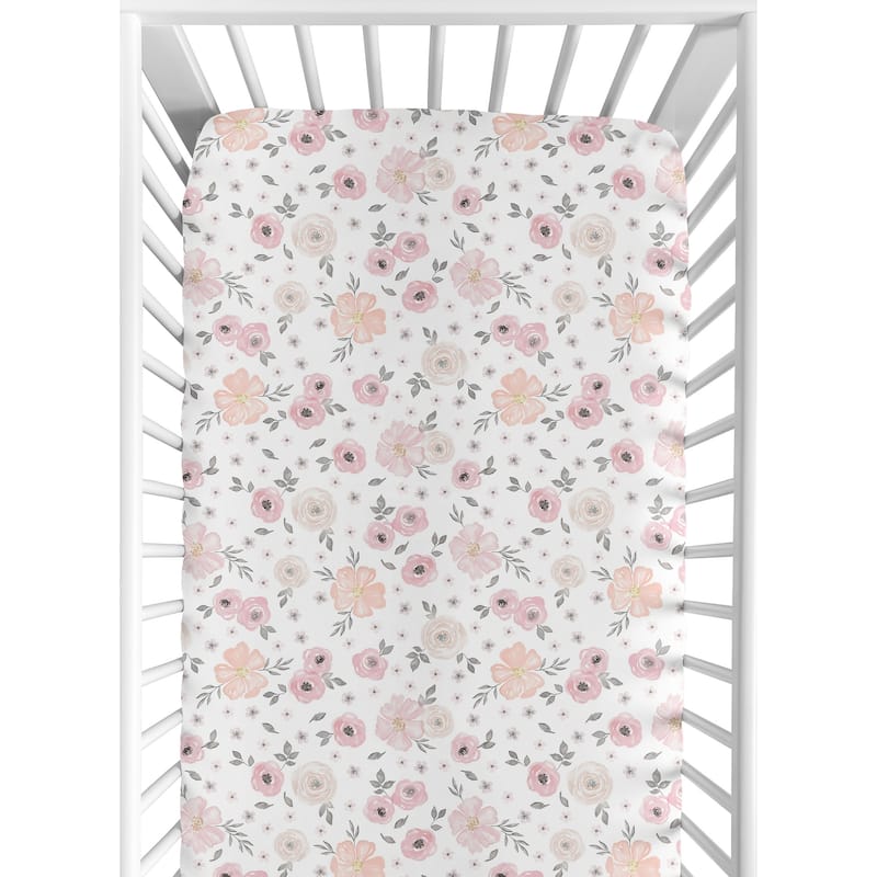 Floral Collection Girl Jersey Knit Fitted Crib Sheet Blush Pink, Grey
