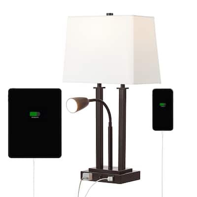 Callie 23.75" 2-Light Farmhouse Metal LED Table Lamp with USB Charging Port, Adjustable Reading Light, by JONATHAN Y