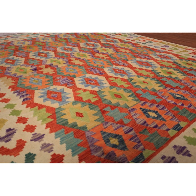 Reversible Kilim Area Rug Hand-Woven Oriental Orange Wool Carpet - 8'4" x 9'9"