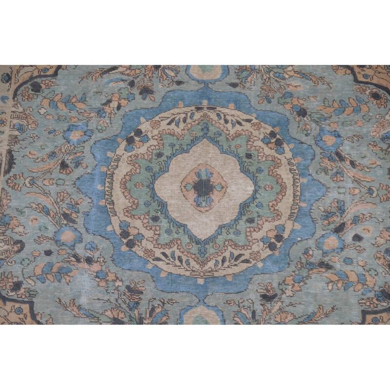 Hand Knotted Oriental 100% Wool Carpet Traditional Floral Navy Blue & Blues Tabriz Area Rug - 9' 4'' X 6' 5''