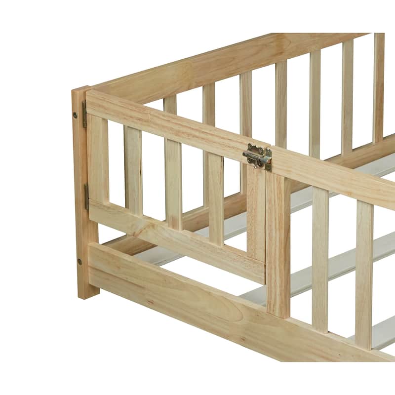 Roomfitters Twin/Full Floor Bed with Surround Fence, Rubber Wood Platform with Guardrails and Slats, Natural