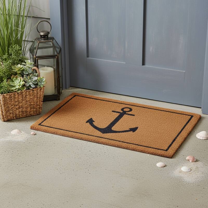 HomeRoots 16" X 30" Light Brown And Navy Blue Anchor Indoor Coir Door Mat - 15.70' X '29.60 - 15.70' X '29.60