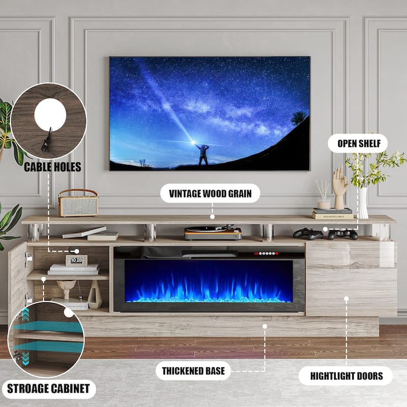 BOSSIN 70 Fireplace TV Stand with 36 Electric Fireplace， LED Light Entertainment Center Modern 2-Tier TV Console Stand