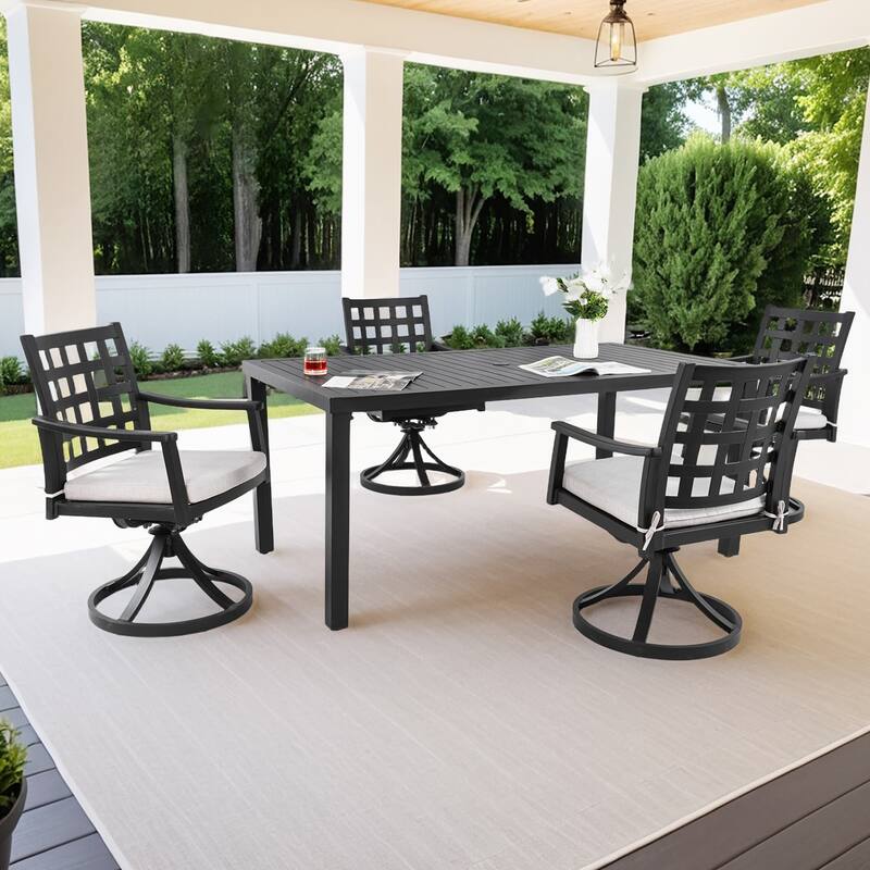 5-Piece Outdoor Aluminum Rectangular Dining Set with 4 Swivel Rocker Chairs, Sunbrella Fabric - Ember Black