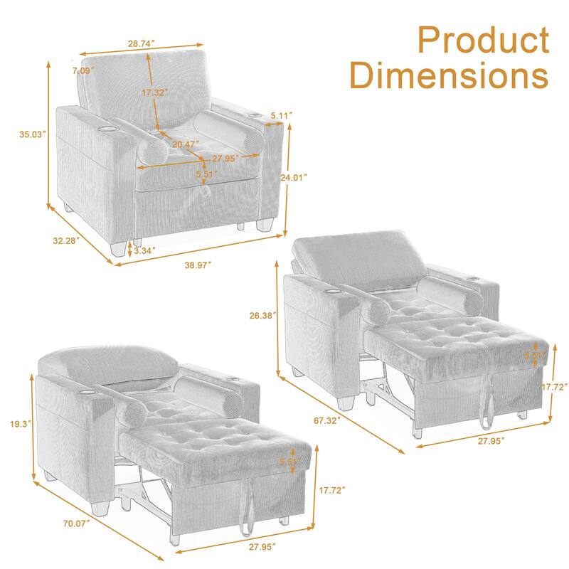 2 Set Convertible Adjustable Lounge 3-in-1 Pull-Out Sleeper Chair Bed
