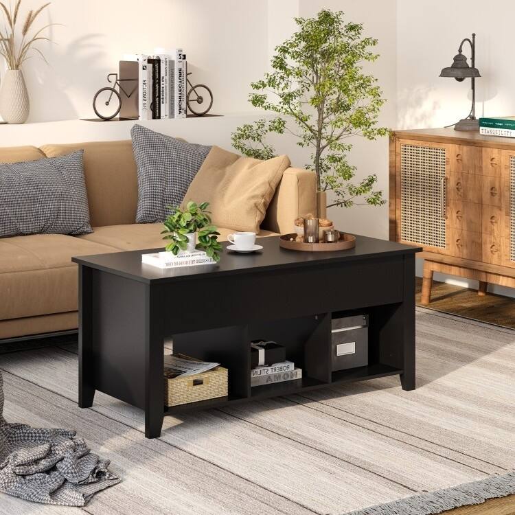 Modern Wood Lift Top Coffee Table with 3 Open Storage Shelves and Iron Legs for Daily Use
