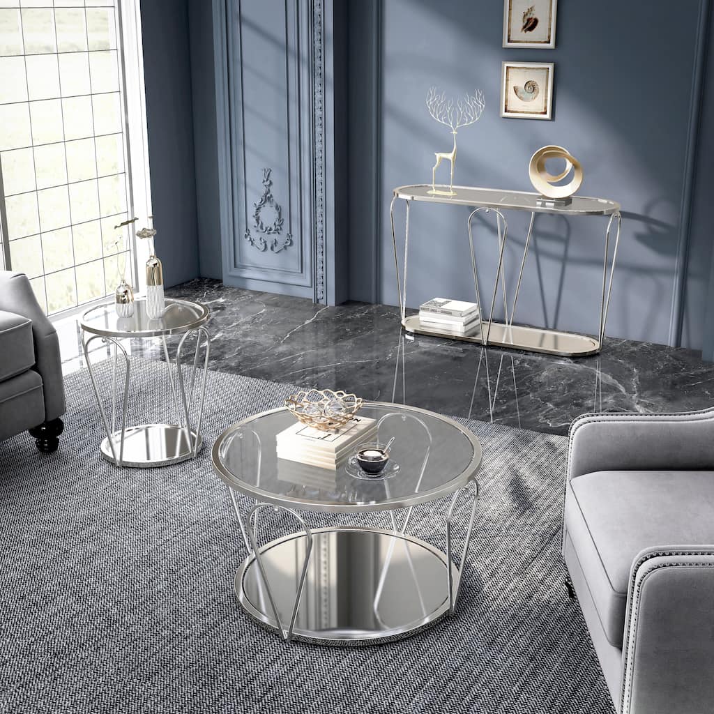 Gable Glam Glass Top 3-Piece Coffee Table Set with Shelf by Furniture of America