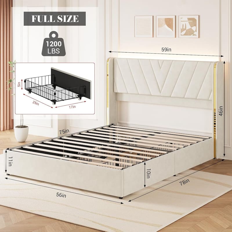 Upholstered Velvet Platform Bed Frame With Wingback Headboard and 4 Storage Drawers