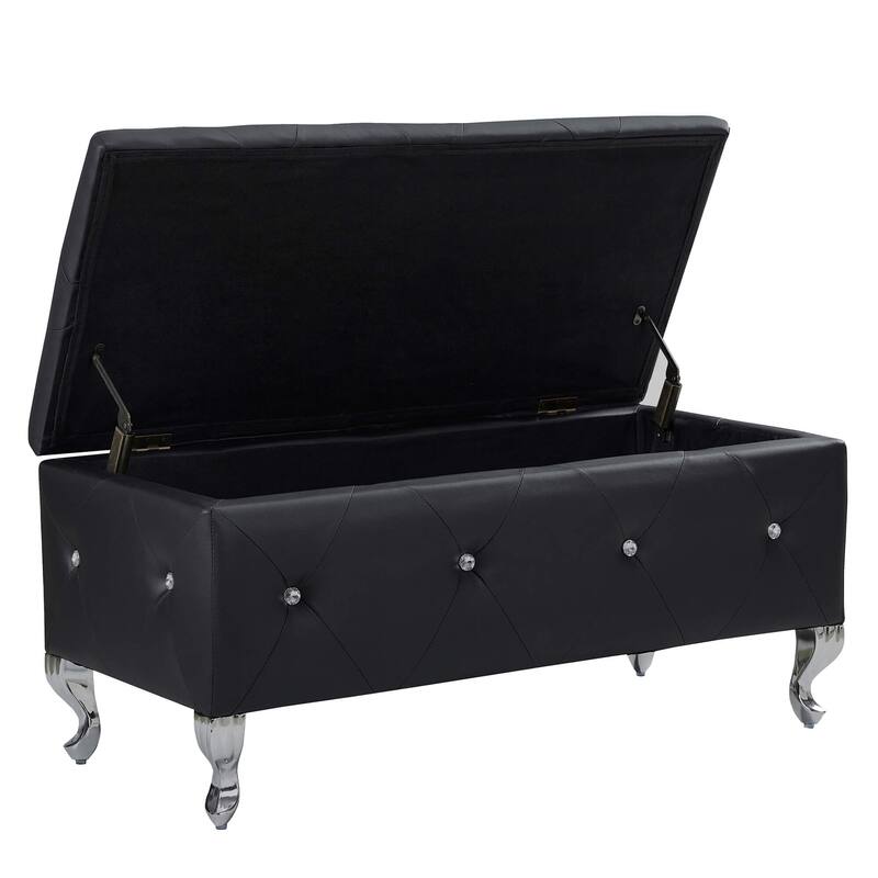Large Tufted Upholstered Storage Ottoman Benches,Metal Legs,Crystal Buttons