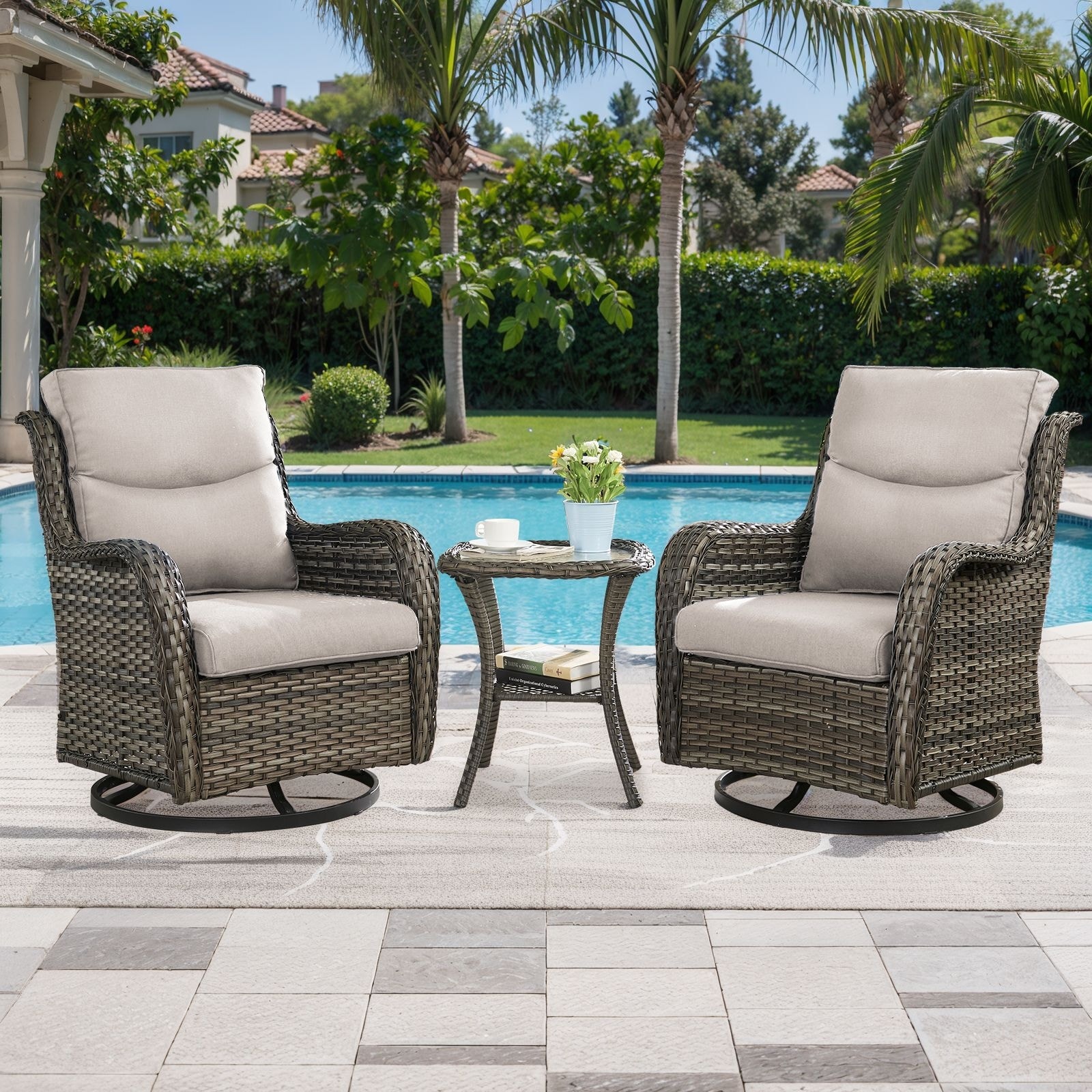 Outdoor Swivel Patio Chair with Coffee Table- Grey cushion