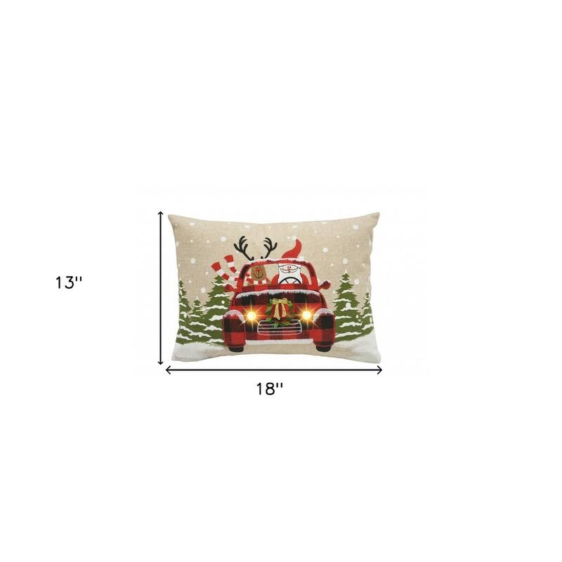 HomeRoots 13" X 18" Beige and Red Christmas Holiday Van Polyester Pillow With Applique