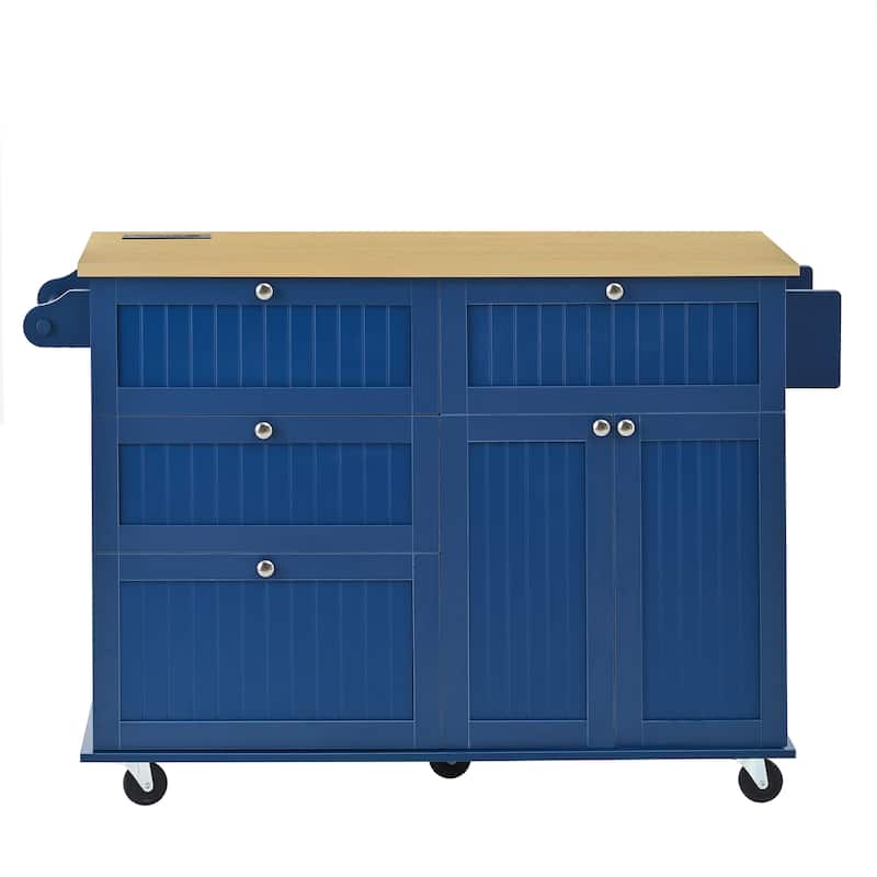 Farmhouse Kitchen Island on Wheels with Drop Leaf, 2 Seating & Power Outlet