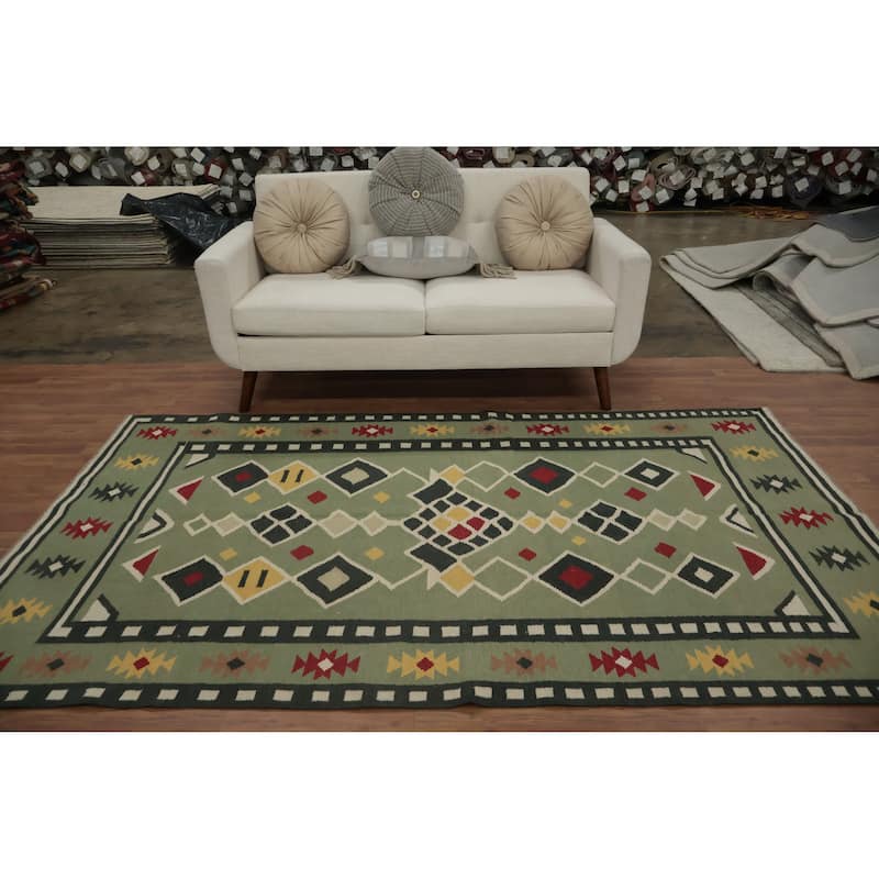 Hand Woven Oriental 100% Wool Carpet Southwestern Tribal Green Kilim Area Rug - 8' 1'' X 4' 10''