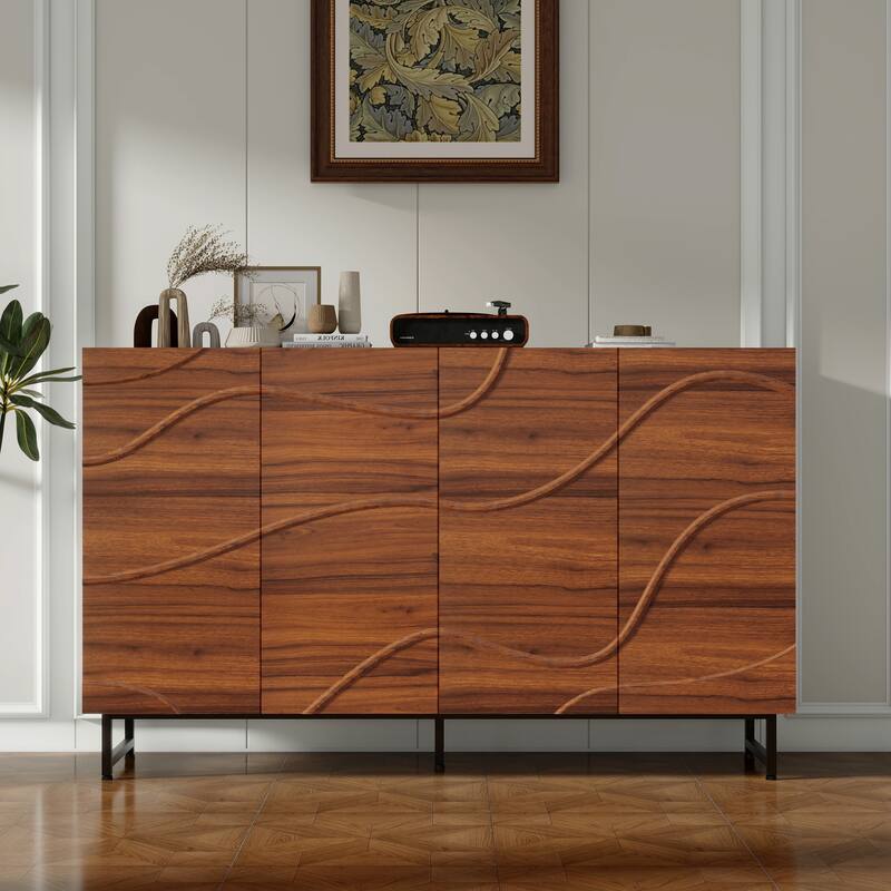 Modern Art Solid Wood Sideboard, Wave Relief Design, Walnut Texture, Iron Legs, Living Room Storage Cabinet - Wood