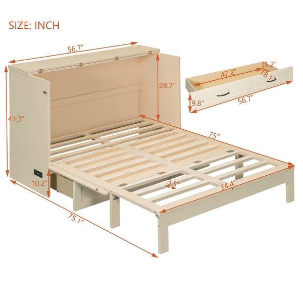 dimension image slide 5 of 7, Wood Murphy Bed with Large Drawer and Charging Station, Foldable Cabinet Wall Chest Bed with Rattan Finish, Wood Slats Support