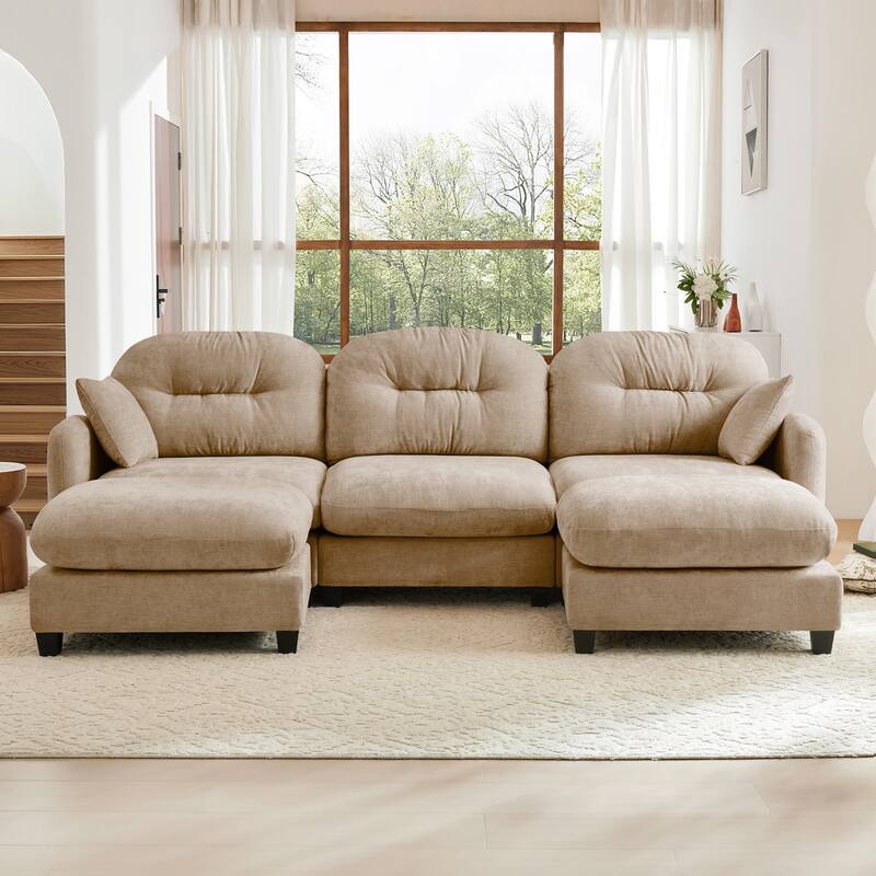 GDF Studio - Nina Modular Modern Chenille U-Shaped Sectional Sofa with Ottoman and 2 Soft Throw Pillows