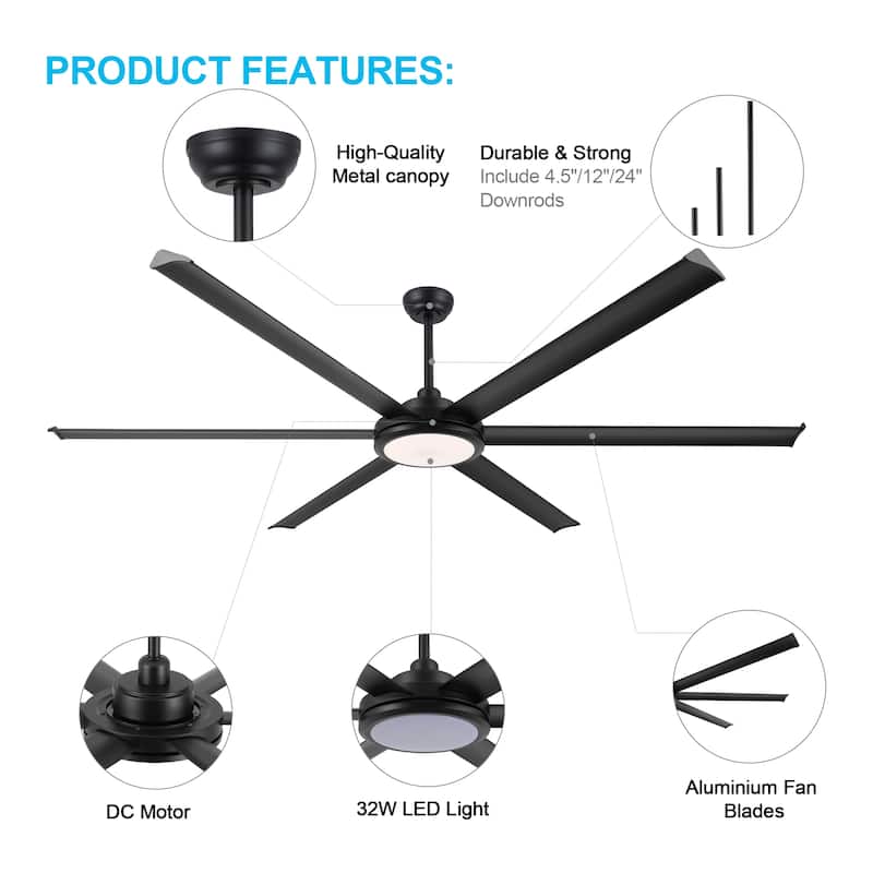 MLiAN 80 In. 6 Aluminium Blades Indoor Ceiling Fan with Light Kit and Remote - 80"
