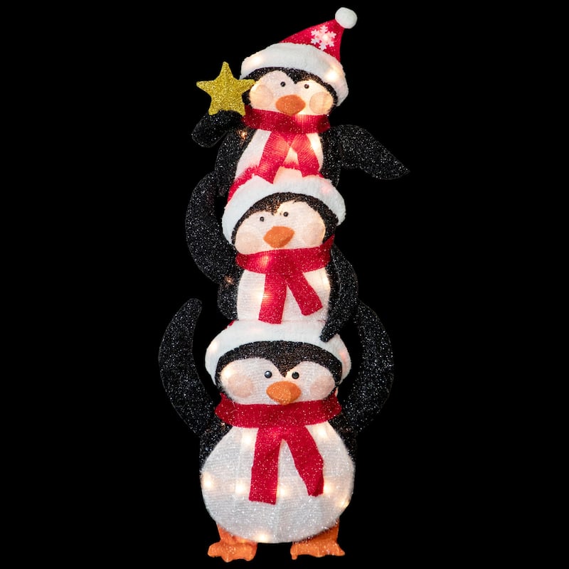 41" Lighted Stacked Penguin Family Outdoor Christmas Decoration - Black