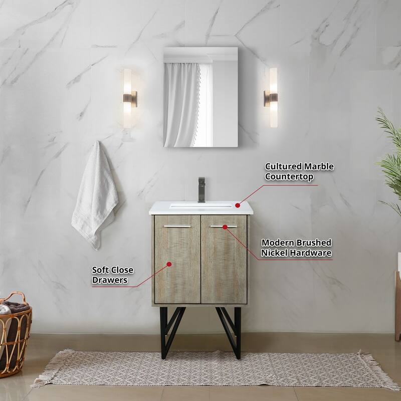 24 in. Rustic Acacia Bath Vanity with Cultured Marble Top, Rose Gold Labaro Faucet, and 18 in. Mirror, Soft Close Doors