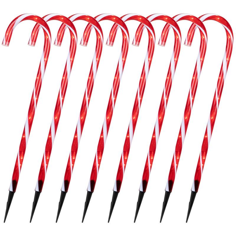 Lighted Candy Cane 8-Function Outdoor Christmas Pathway Markers - 24" - Set of 8 - Red