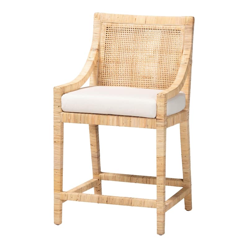 Alexis Natural Rattan Counter Stool - Handcrafted Wingback Counter Chair with Woven Back and Removable Seat Cushion - Light Honey