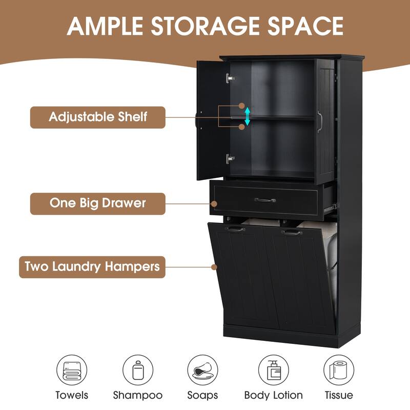 Tall Laundry Floor Cabinet with Removable Baskets, Waterproof Bathroom Storage Cabinet with Adjustable Shelf & Drawer