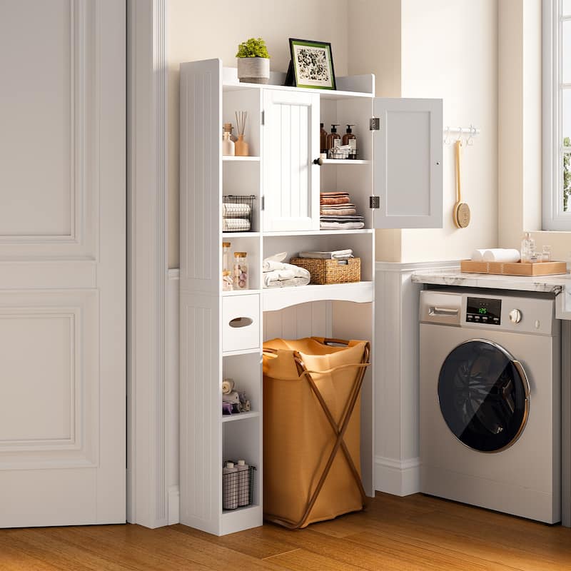 66''H Over The Toilet Storage Cabinet, Bathroom Storage Organizerwith 2 Doors, Paper Holder and Racks, Adjustable Shelf