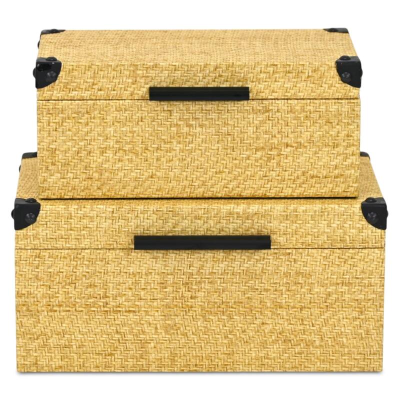 HomeRoots Set of Two Natural And Black Faux Rattan Nesting Storage Boxes With Lids