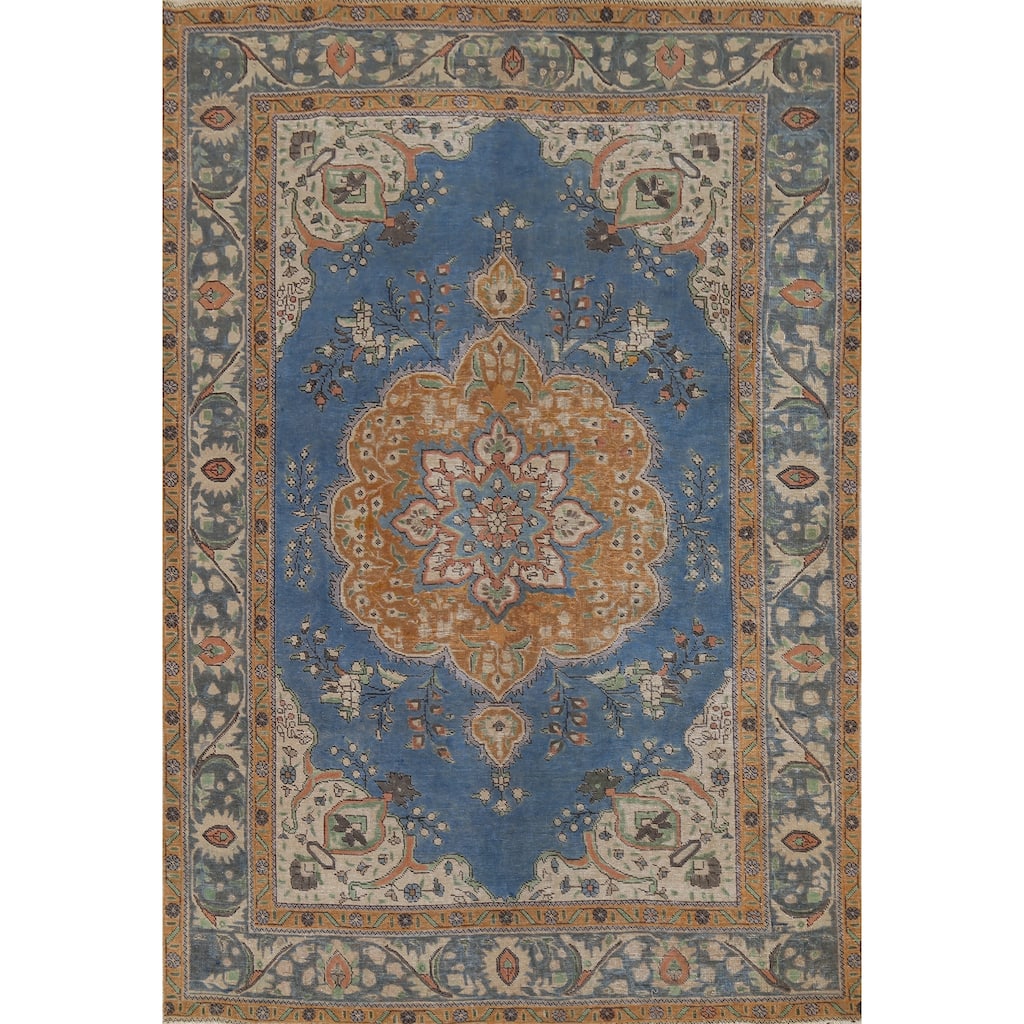 Blue Tabriz Persian Vintage Rug Hand-Knotted Oriental Wool Carpet - 6'5"x 9'5"