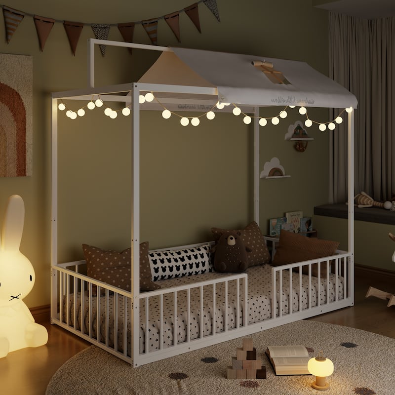 3-in-1 Convertible Metal Bed for Kids, Toddler Floor Bed, Fenced Bed and Montessori Elevated Bed with House-shaped Frame - White - Twin