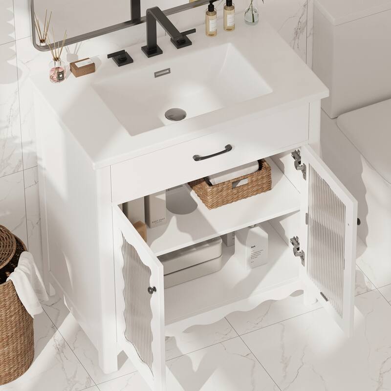 Modern Bathroom Vanity Featuring Tempered Glass And Rubber Wood Legs With Soft-Close Doors