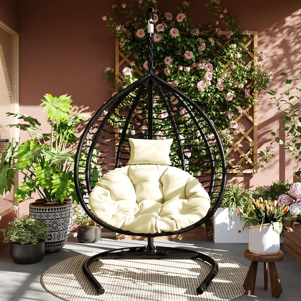 Indoor Outdoor Hanging Hammock Chair with Stand, Rattan Egg Swing Chair with Plush Cushion and Removable Headrest