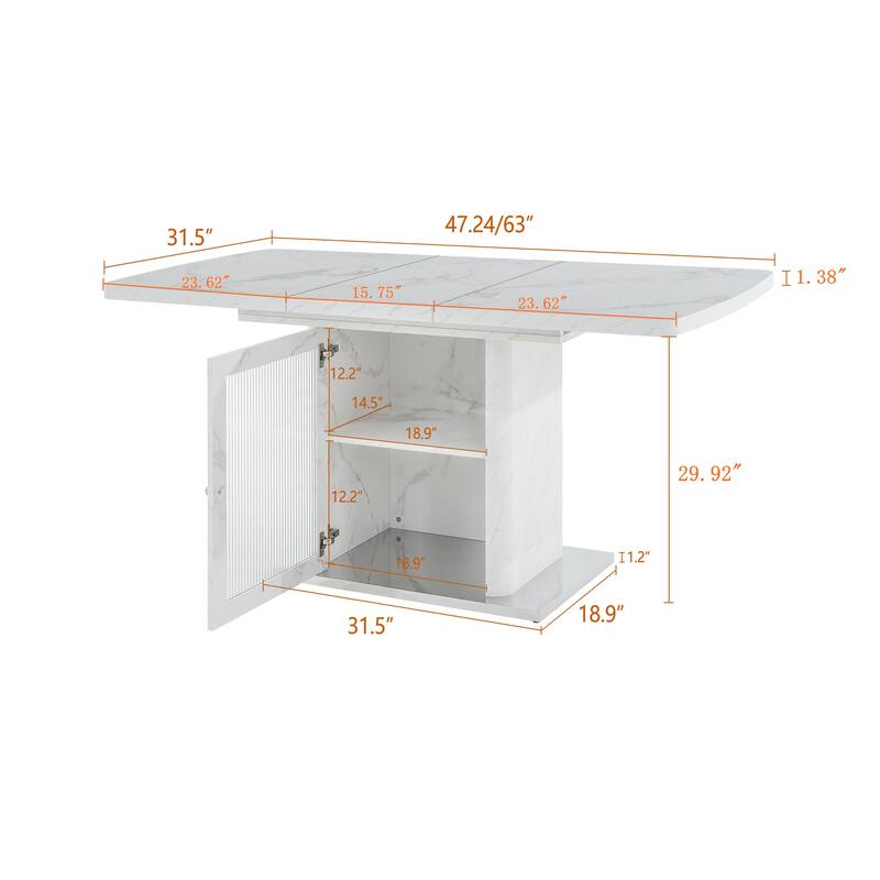 47.24"-63"Modern Rectangle Dining Table, Stretchable, with Printed Black Marble Table Top+Storage Cabinet Table Leg