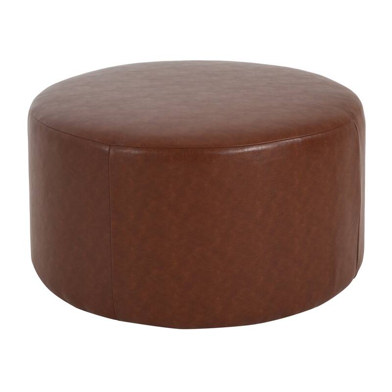 PU Leather Round Ottoman - Classic Brown Upholstered Accent Furniture