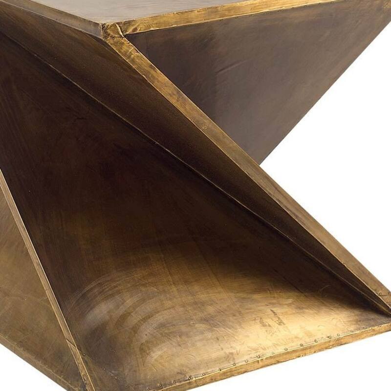 21 Inch Brass Clad Distressed Wood Abstract Z Shape End Table - 20" x 20" x 20.75"