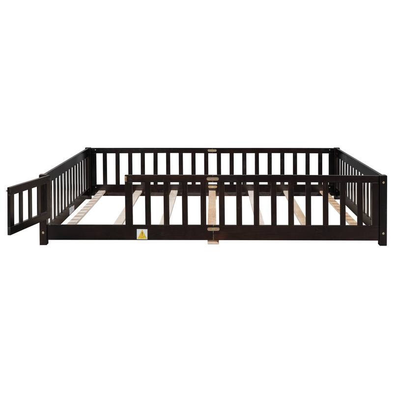 Queen size Floor Platform Bed with Fence Guardrails and Door